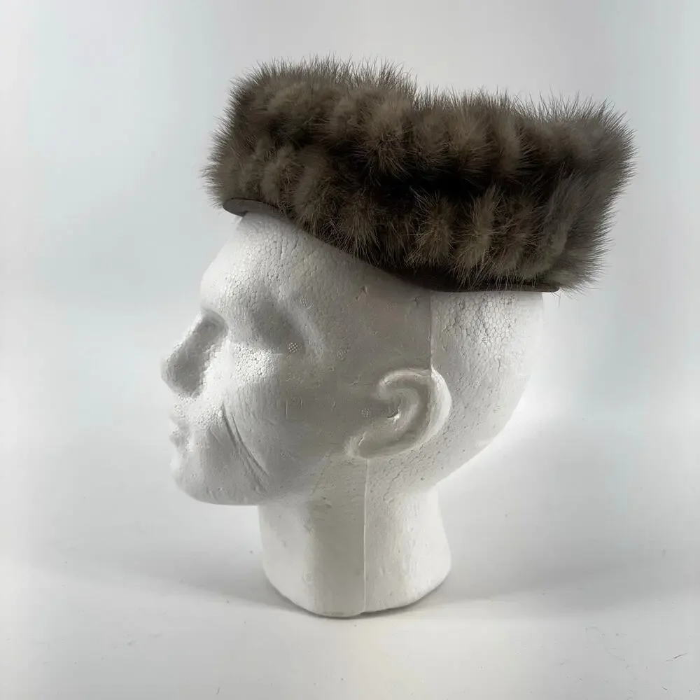 1960s Grey Ribbed Mink Fur Pillbox Hat Vintage Cap